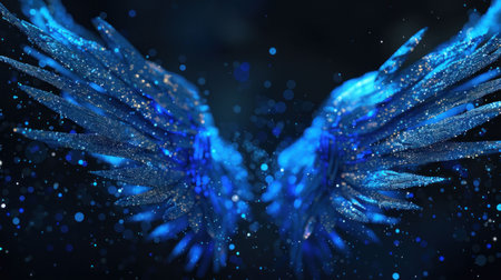 Blue wings with shimmering particles, creating a mystical atmosphere The background is dark, enhancing the ethereal quality of the image and highlighting the wings sparkling textureの素材
