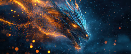 Digital dragon design, glowing particles, fiery effects, fantasy creature, blue and orange colors, dynamic background, enchanting atmosphere, captivating art style, stunning visual representationの素材