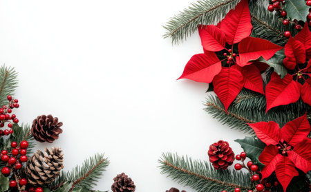 Christmas floral arrangement with vibrant red poinsettias, green pine branches, and cones against a clean white background for festive decorの素材