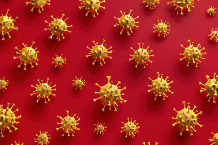 virus, COVID , pandemic, microbiology, infection Yellow virus models scattered on a vibrant red background, illustrating the spread of diseases and awareness around viral infections effectivelyの素材