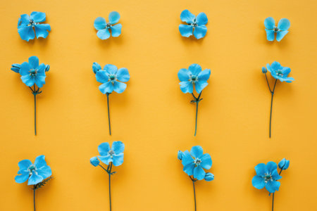Blue flowers arranged symmetrically on a bright yellow background, creating a vibrant and cheerful composition ideal for spring themes or nature conceptsの素材