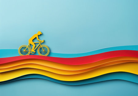 cycling, waves, summer, fitness, active lifestyle, outdoors, sports, recreation, paper cut, vibrant colors A stylized yellow cyclist riding a bicycle against a background of colorful layered waves iの素材