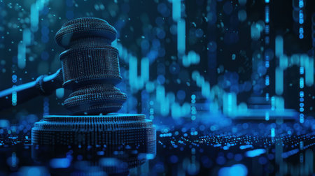 digital justice, law, technology, gavel, blockchain, data analysis, legal system, cyber law, abstract background The image features a gavel amidst flowing data streams in shades of blue, symbolizingの素材