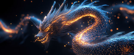 dragon, mythical creature, fantasy, glowing, magical, light effects, digital art, blue hues, dark background A stunning dragon depicted with blue and orange glowing effects against a dark backdropの素材