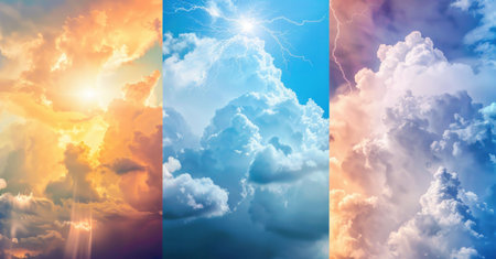 Colorful sky with clouds, featuring dynamic light The image presents three panels of vibrant skies showcasing a range of colors, from warm orange to cool blueの素材
