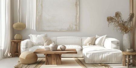 modern living room, minimalist design, neutral colors, cozy atmosphere, natural materials, comfortable sofa, wooden table, decorative elementsの素材