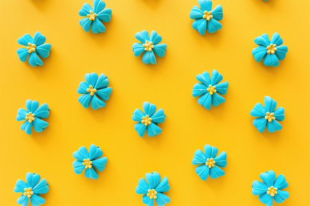 Bright blue flowers on yellow background, perfect for spring and summer themes, showcasing vibrant colors and playful design, ideal for floral patternsの素材