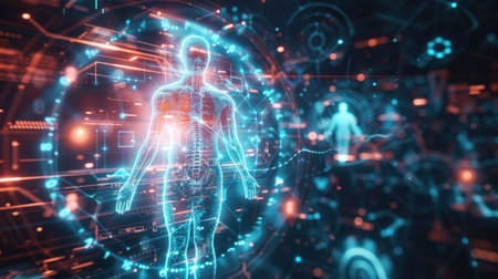 futuristic human anatomy, holographic representation, digital interface, technology, science, health visualizationの素材