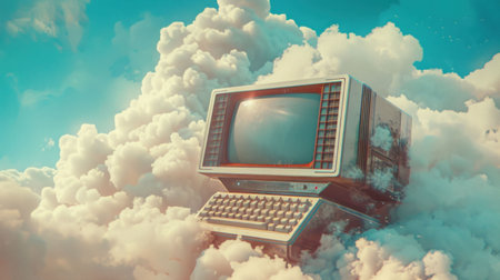 retro computer, cloud background, surreal atmosphere, blue sky, whimsical concept, technology nostalgia, digital art, imaginative scene, vintage aesthetics, dreamy visualsの素材