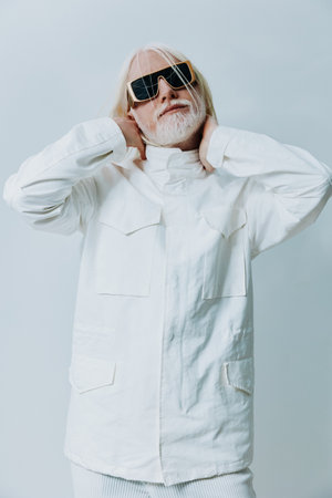 Fashionable elderly man in white outfit with sunglasses against light background showcasing contemporary style and confidence, perfect for trend related themesの写真素材