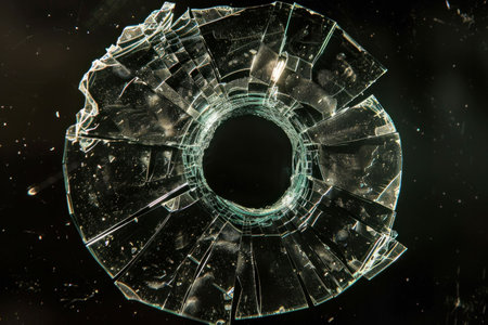 Broken glass circular shape, sharp edges, black background The shattered glass creates a striking visual effect with reflections and fragments subtly illuminated around the centerの素材