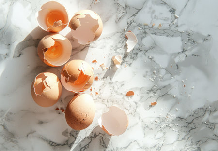 Broken eggshells on a marble surface, bright light creates interesting shadows and contrasts The image captures a fresh, minimalistic kitchen aesthetic with earthy tonesの素材