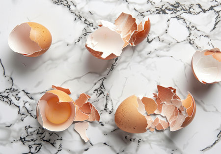 eggshells, broken eggs, marble background, food photography, kitchen essentials, cooking concept, food preparation, culinary arts, kitchen decor, fragile texture, natural colorsの素材