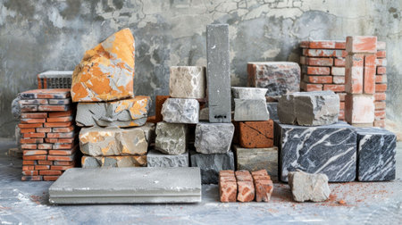 Various textures and types of construction materials including bricks, stones, and concrete arranged against a textured gray background, showcasing natural colors and patternsの素材