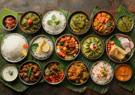 Indian cuisine food spread, including dishes like rice, curry, and salad, beautifully arranged on banana leaves against a rustic backgroundの素材