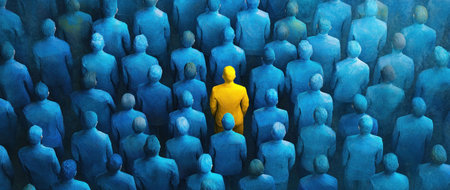Unique individual standing out among a sea of blue figures in a crowd, symbolizing individuality and uniqueness, set against a textured blue backgroundの素材