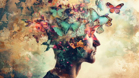 butterfly, mind, creativity, imagination, art, abstract, human head, colorful background, nature, transformation, concept art, profile, vibrant colors, surrealism, inspiration, freedom, dreams, metapの素材