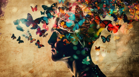 Mental transformation, creativity, inspiration, colorful butterflies, art concept illustration of a man with butterflies in his mind, vibrant background with soft texturesの素材