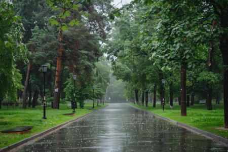 Rainy park pathway, serene atmosphere, lush greenery, wet pavement, nature scene, tranquil environment, daytime, soft light, trees lining the walkwayの素材