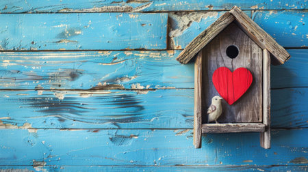 birdhouse, love, decor, wooden, heart shaped decoration a charming birdhouse sits against a weathered blue wooden background, featuring a bright red heart and a small birdの素材