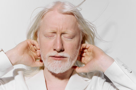 Portrait of an elderly man with long white hair and beard, eyes closed, hands behind his head, serene expression against a plain white background, showcasing tranquility and calmnessの写真素材