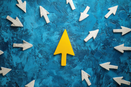 Direction, leadership, guidance, arrows, yellow triangle, blue background, concepts of decision making, focus, strategy exemplified by contrasting colors and shapesの素材