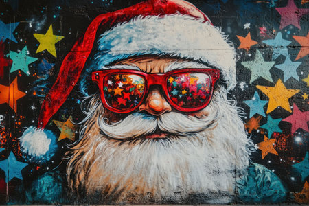 Santa Claus graffiti mural with colorful stars background, featuring a whimsical Santa wearing red sunglasses Bright and festive street art designの素材