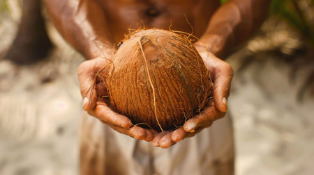 Coconut, tropical fruit, hands holding coconut, natural background, sandy beachの素材