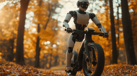 Robot cycling in an autumn forest, showcasing modern technology in a natural setting, highlighting innovation and nature s beauty harmoniouslyの素材