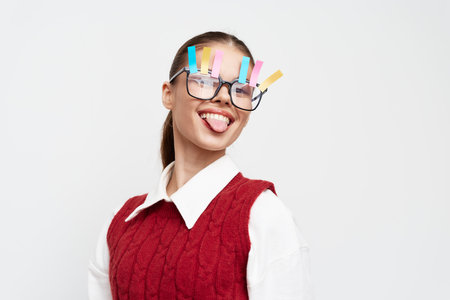 Playful young woman with oversized glasses decorated with colorful clips, showing her tongue and smiling, set against a bright white background, embodying a fun and quirky conceptの写真素材