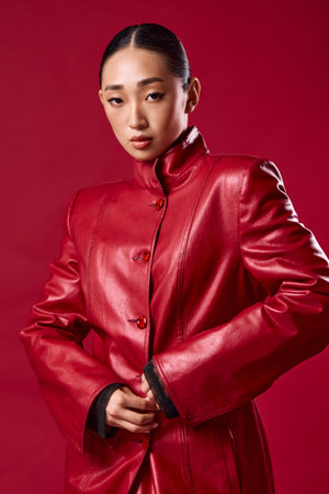 Fashion asian brunette woman in red leather jacket posing with hands on hips and smiling against red backgroundの写真素材