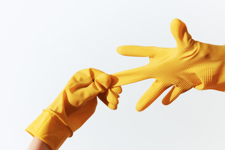 Two people in yellow rubber gloves reaching out to each other on a white background