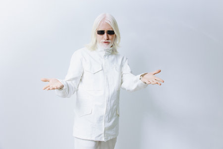 Stylish man with white hair and sunglasses in a white outfit, standing against a light gray background with an inviting gesture, exuding confidence and a modern vibeの写真素材