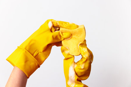 Person in yellow gloves holding a sponge in handsの写真素材