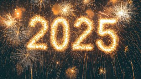 Fireworks celebration with the year written in sparkling light against a dark background The vibrant colors enhance the festive atmosphere Perfect for New Year themesの素材