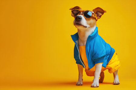 Dog in sunglasses and colorful outfit posing against a bright yellow background, showcasing a playful and stylish attitude Perfect for pet themed content and summer vibesの素材