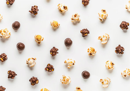 popcorn, chocolate, snack, background, food, party, celebration, texture, tasty, flat lay, arrangement, colorful, sweet, dessert, dessert background, gourmet, food photography, appetizing, fresh, varの素材