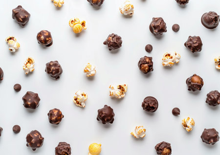 chocolate popcorn, snacks, sweets, dessert A delightful assortment of chocolate covered popcorn and plain popcorn scattered on a light grey background, creating a tempting visual treatの素材