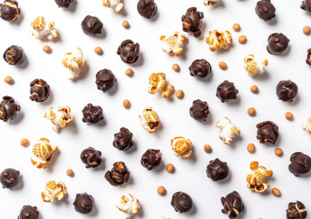 chocolate popcorn snacks, assorted treats, white background, delicious and crunchy, flat lay composition, sweet and savory flavors, visually appealing arrangement of gourmet popcornの素材