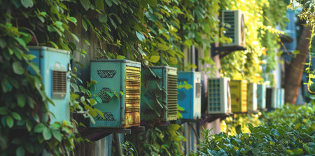 Vintage air conditioning units surrounded by lush greenery creating a harmonious blend of technology and nature in a tranquil outdoor settingの素材