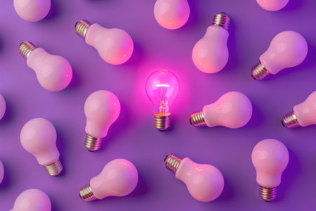 Pink light bulbs on a purple background with a glowing bulb at the center creating a vibrant atmosphere of creativity and innovation Perfect for concepts related to ideasの素材