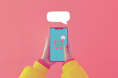 Shopping app on smartphone with chat bubble, bright pink background Hands holding the phone, showcasing online shopping concept in modern styleの素材