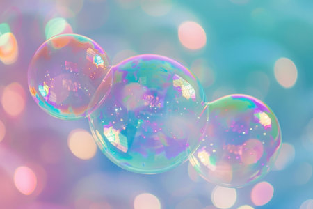 Bubbles, colorful, reflections, pastel background, dreamy concept, light, ethereal ambiance, soft focus, serene The image features soap bubbles floating against a soft pastel backdrop with shimmerinの素材