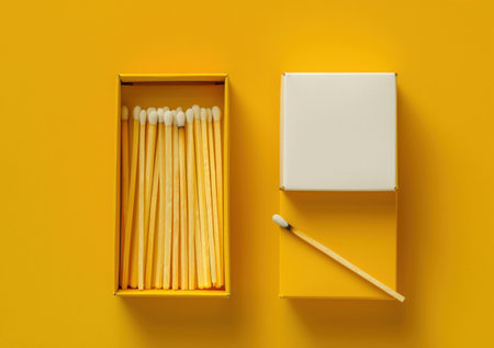 matches, yellow, box, minimalism, lifestyle, close up, top view, matches box, empty, minimalist design, bright colors, modern design, simple objects, creative arrangement, contemporary style, matchesの素材