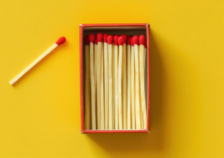 matches, box, yellow background, fire safety, creativity A vibrant image of a box of matches on a bright yellow background, showcasing creativity and everyday objects in a playful wayの素材