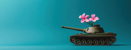 tank, flowers, peace, war, juxtaposition, nature, combat, harmony, military, bloom, symbolic, creativity, contrast, green background, surrealism, artwork, original concept A military tank adorned wiの素材