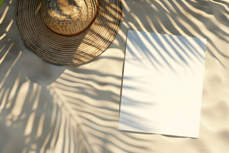 summer, beach, straw hat, empty paper, shadows, vacation, relaxation, nature, sunlight, creativity, tropical, outdoor, writing, freedom, leisure, white background, lifestyle, calm, serene, photographyの素材