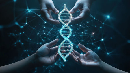 DNA, biotechnology, genetic research, hands holding, futuristic background, glowing structure, science concept, molecular pattern, technology, innovationの素材