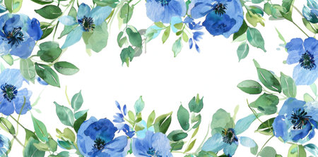 Blue floral frame, vibrant blossoms and leaves in watercolor style, perfect for invitations and cards, soft and elegant design on a white background, ideal for various decorative purposesの素材