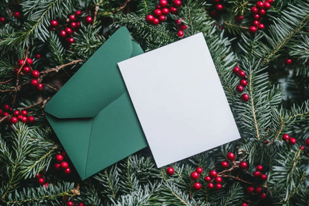 Christmas greeting card mockup with a green envelope surrounded by pine branches and red berries, perfect for holiday season marketing materials and designsの素材